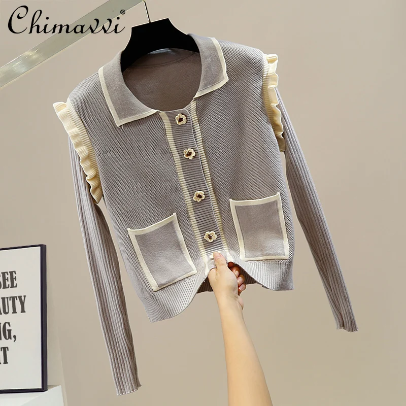 

Fashion Color Contrast Ruffled Stitching Knitted Cardigan Women Double Pocket Flower Retro Sweater Lady Casual Knitted Cardigan