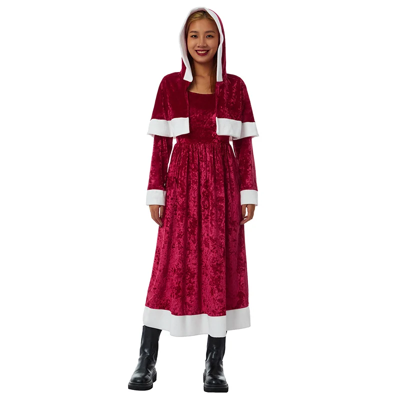 

Women Christmas Clothes Set, Scoop Neckline Long Sleeve Dress and Shawl with Hood, Red/ Dark Green/ Wine Red