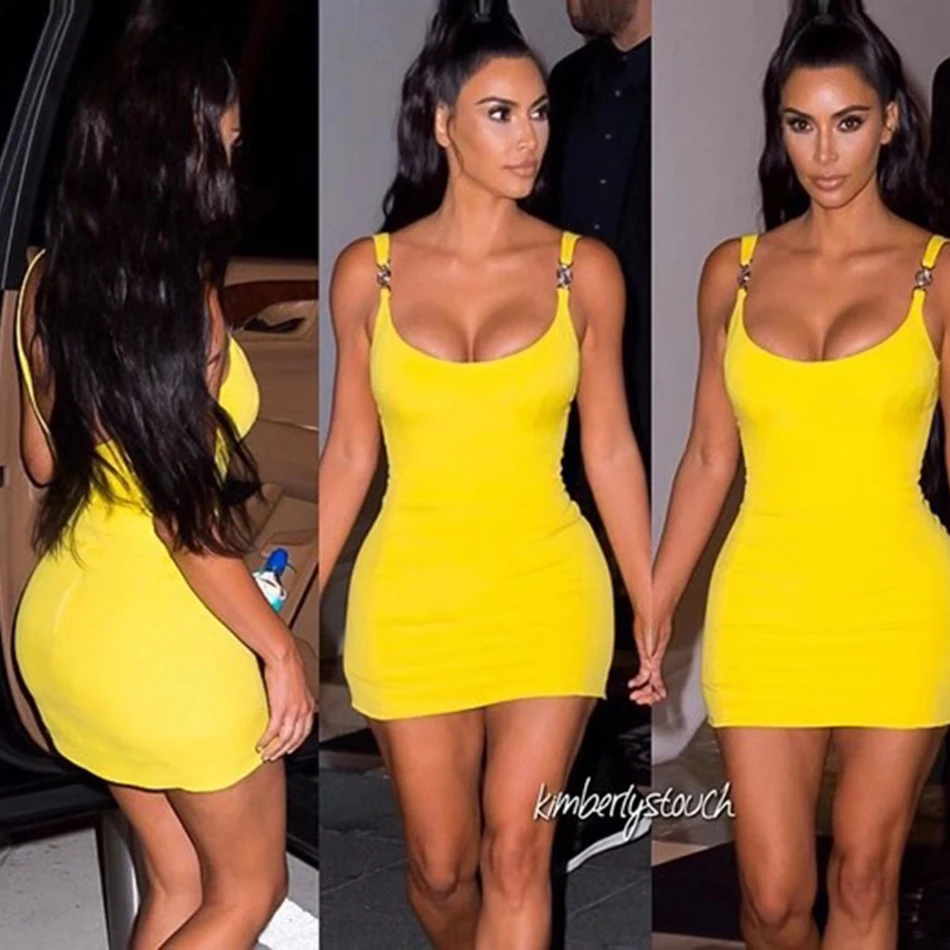 

2021 Latest Sexy Tight Dress Gold Kardashian Yellow Collar Sling Strapless Water Metal Ring Mini Bandage Dress