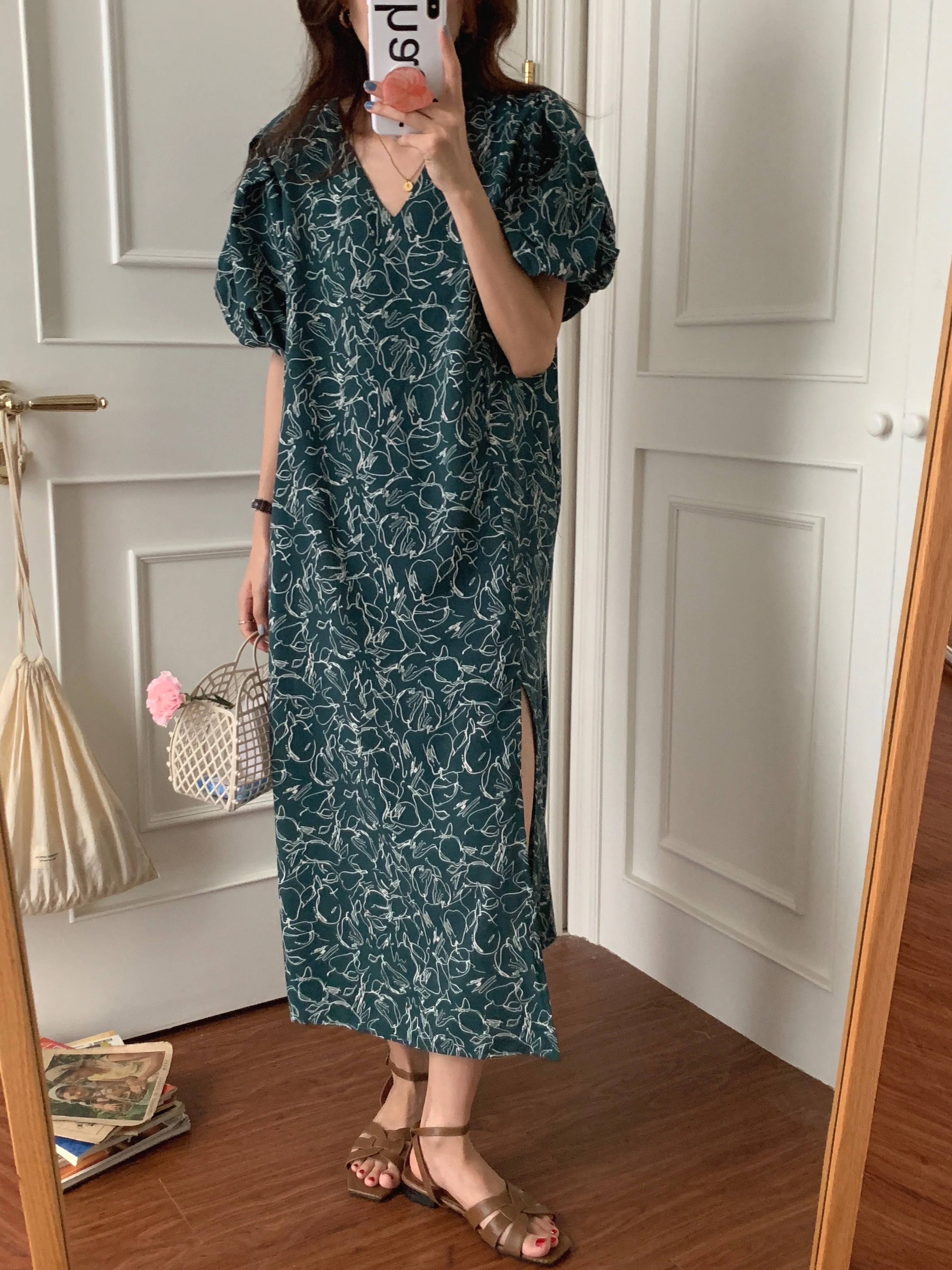 

New Arrival Vintage Print Puff Sleeve Woman Dress Summer Casual V-neck Long Split Dresses YOU540