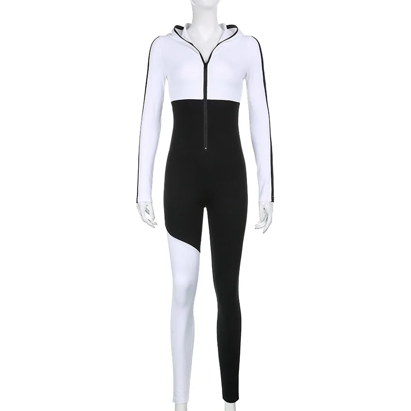 

Donsignet Fashion Women's Jumpsuit Fashion Casual Stitching Contrast Color Zipper Hooded Slim Jumpsuit High Jumpersuit Women