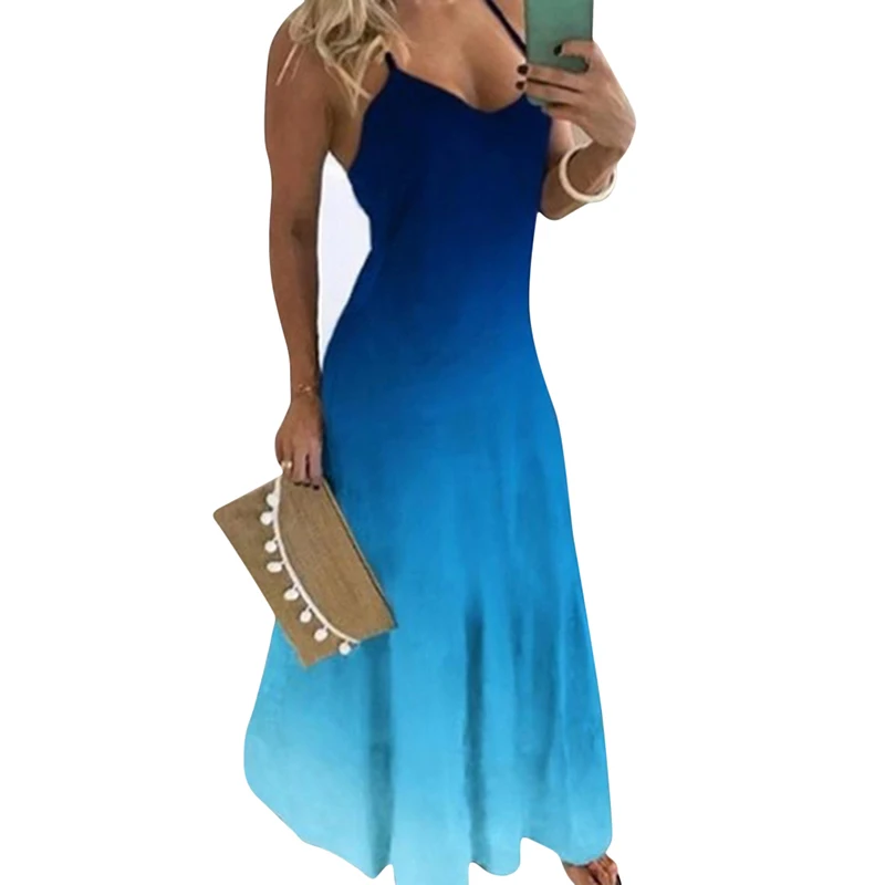 

New Summer Casual Women Maxi Dress Sexy Robe Gradient Color Printed Long Dress Sleeveless V-neck Plus Size Women Dress Vestidos