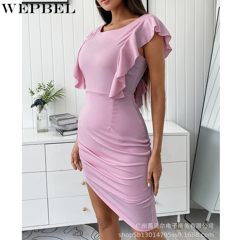 

WEPBEL Sleeveless O-Neck Dress Women's Sexy Slim Fit Ruffled Stitching Dress Summer High Waist Solid Color Irregular Dress