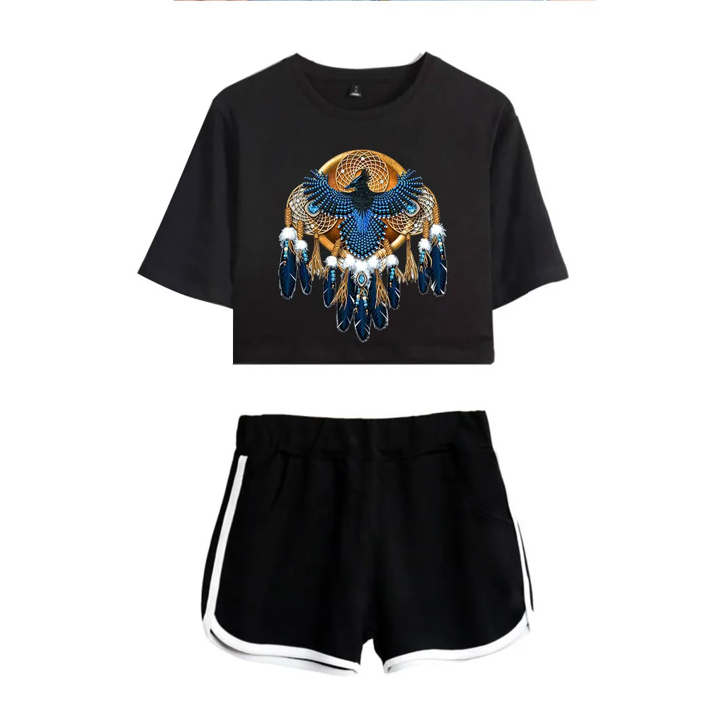 

Indians tribe totem ladies print T-shirt short-sleeved sexy Navel Seven points top + sports shorts two-piece suit