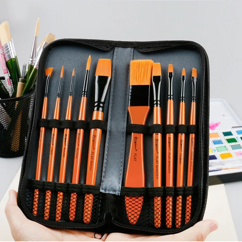 

11Pcs Mixed Paint Brushes Set With Canvas Zipper Bag For Oil Acrylic Watercolor Painting Nylon Hair Multifunction Drawing Brush