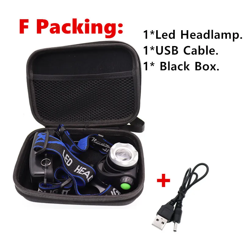 F Packing Портативный масштабируемый XML-T6 L2 V6 светодиодный налобный фонарь Водонепроницаемый зум рыболовные фары для кемпинга походный фонарик с usb-кабелем - Испускаемый цвет: F Packing