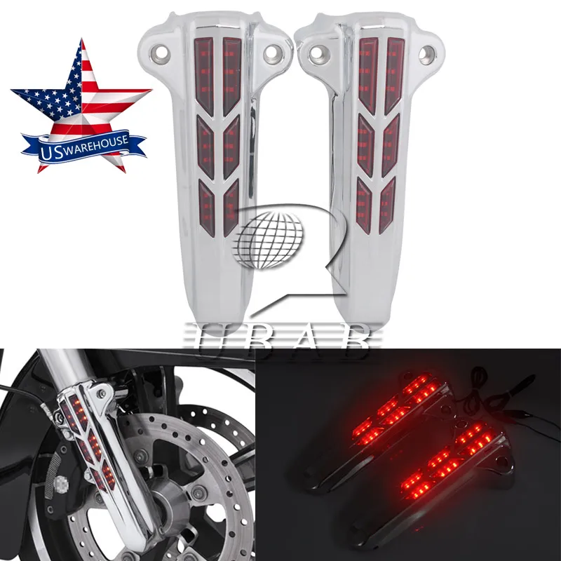 

Motorcycle Chrome LED Front Fork Lower Leg Slider Deflector Protector Cover For Harley Turing Road King Street Glide 2014-2018