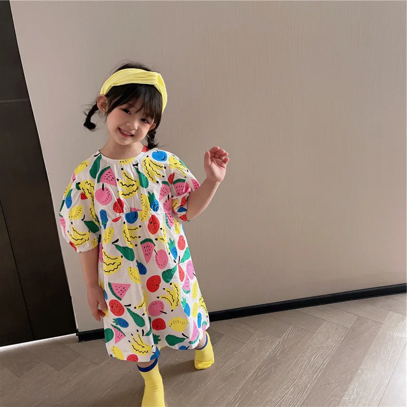 

Girls Cartoon Summer Dresses 2021 Korean Summer Fruit Print Vestidos Short Sleeve Children Holidays Casual Costumes 3-7Y
