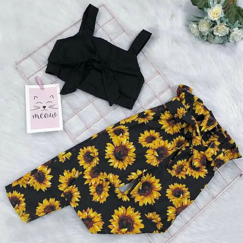 

2020 Toddler Baby Girl Infant Clothes Sets Sleeveless Crop Tank Top Sunflowers Print Pants Outfit Set Tracksuit 1-6Y