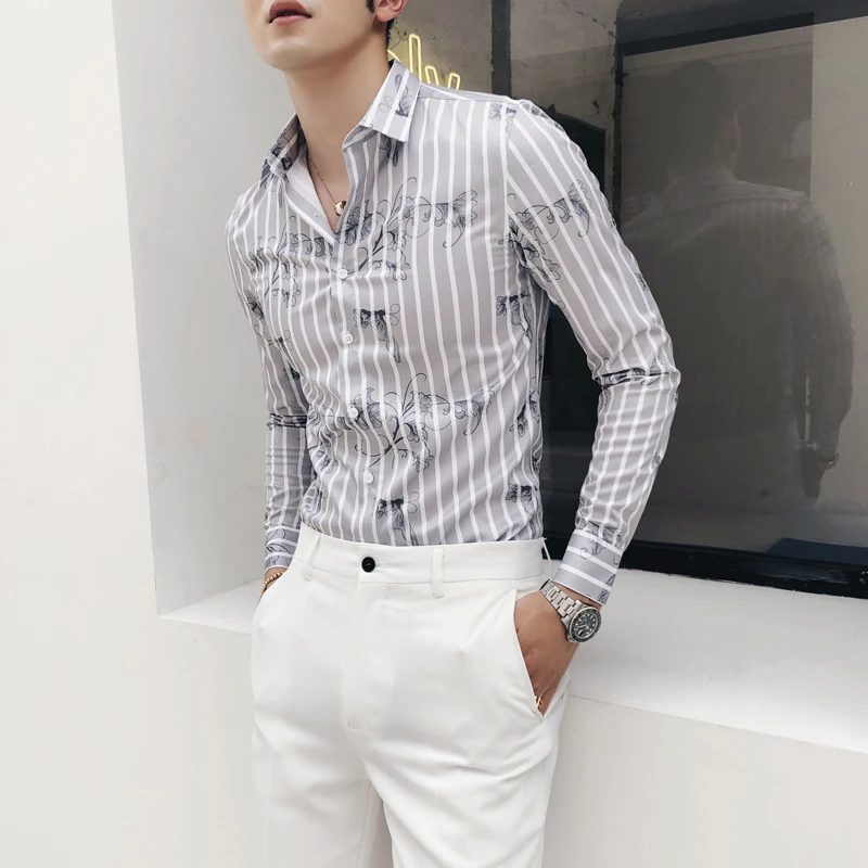 Мужская Повседневная рубашка в Вертикальную Полоску с длинным рукавом Корейская