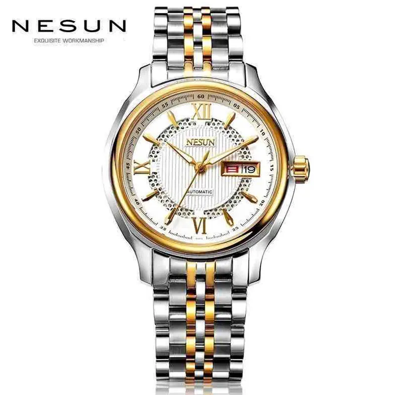Nesun Мужские автоматические механические водонепроницаемые часы из нержавеющей