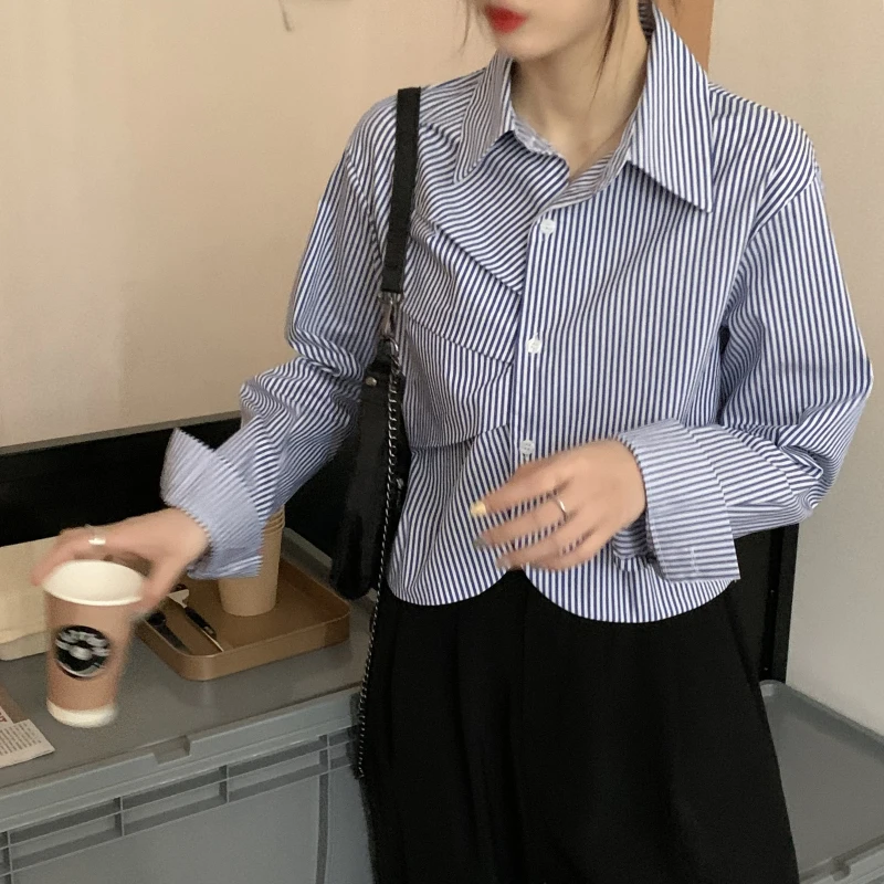 

striped Women's Clothing turn down collar long sleeve Blouses office lady spring fall short tops ins Shirts blusas mujer de moda