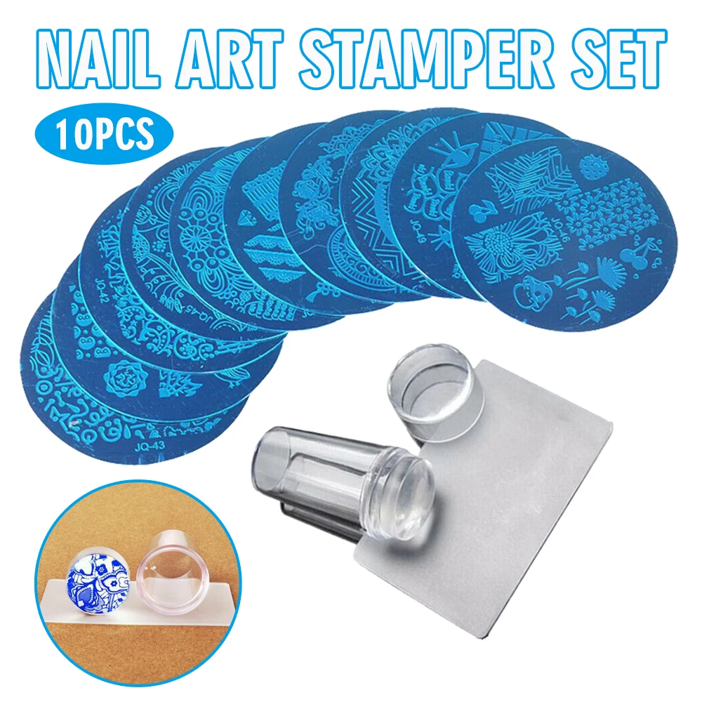 

10Pcs Nail Art Stamping Plate Clear Silicone Stamper Scraper Nail Art Stamp Set For Transfer Stamp Plates Image Scraper