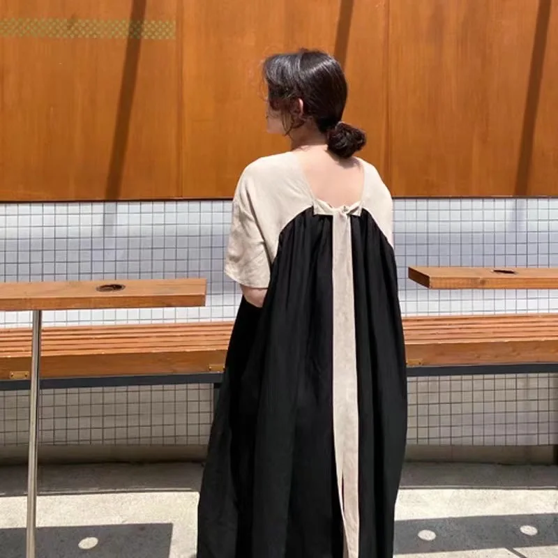 

COIGARSAM Patchwork Women dress Loose Panelled Dresses Black Light Blue 2546