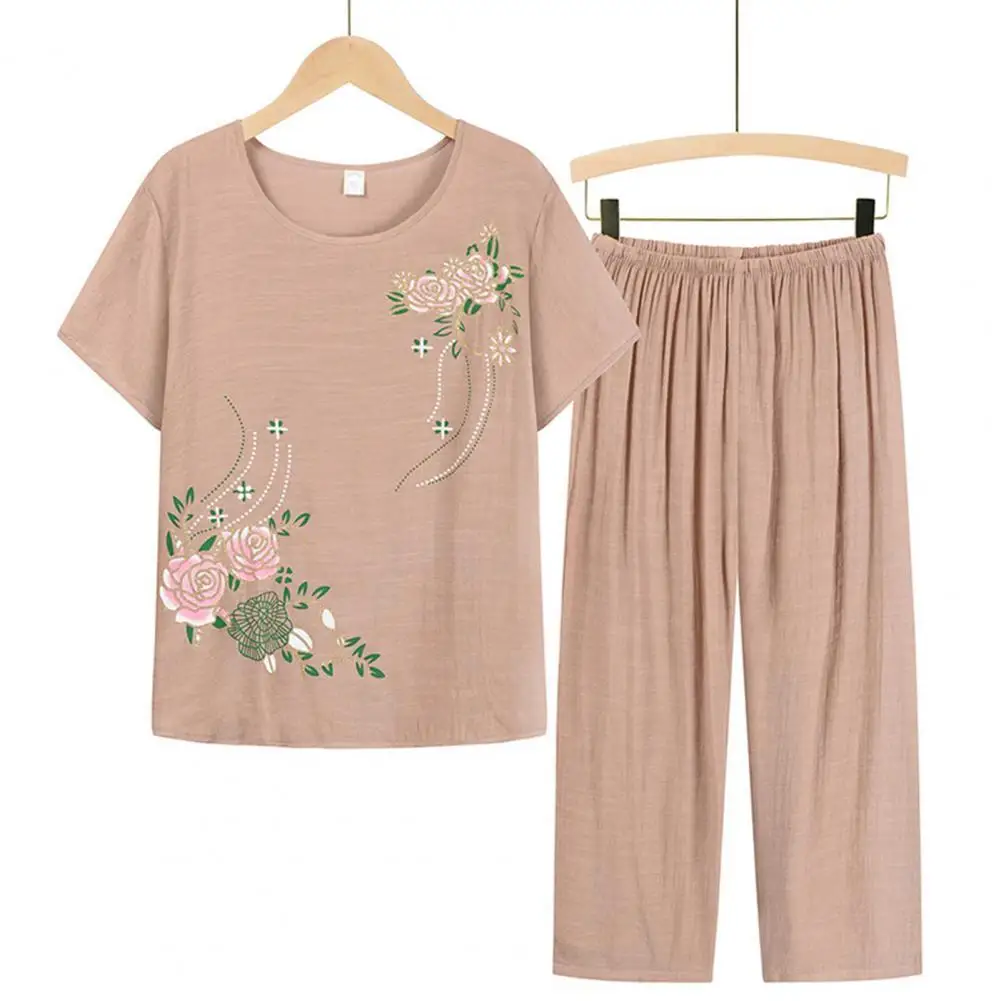 

Summer Pant Two Pieces Set Women Short Sleeve Elegant Floral Print Plus Size Suits T-shirt Loose Pants Sets Outfit Middle-aged