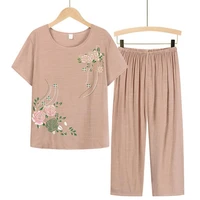 womenmiddle aged suits summer pant two pieces set women short sleeve elegant floral print plus sizet shirt loose pants outfit
