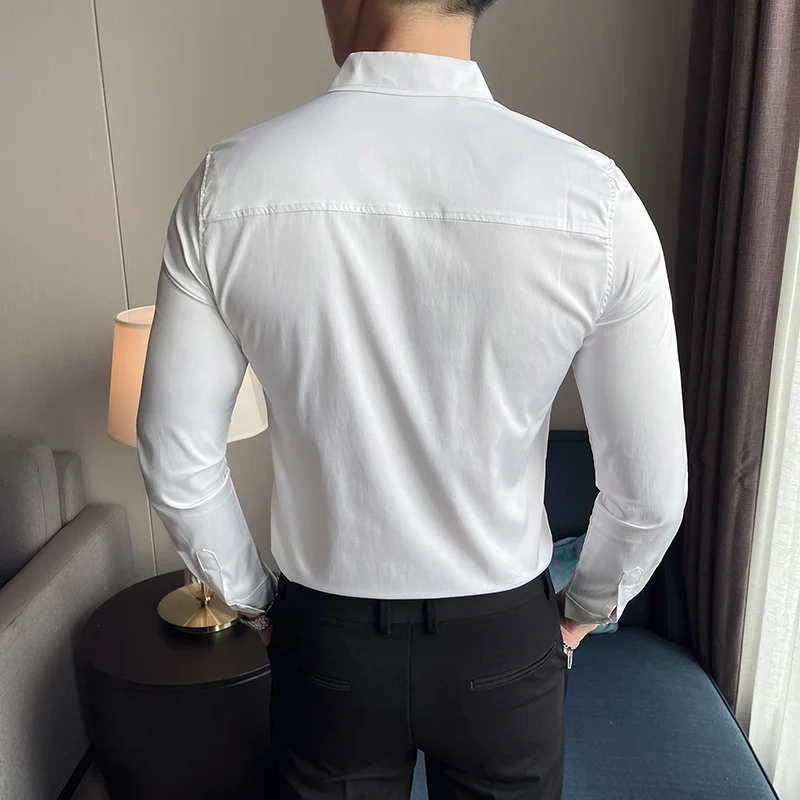 Solid Embroidered Logo Shirts for Men Slim Business Casual Shirt 2021 Autumn Long Sleeve Business Dress Shirt Social Party Tops