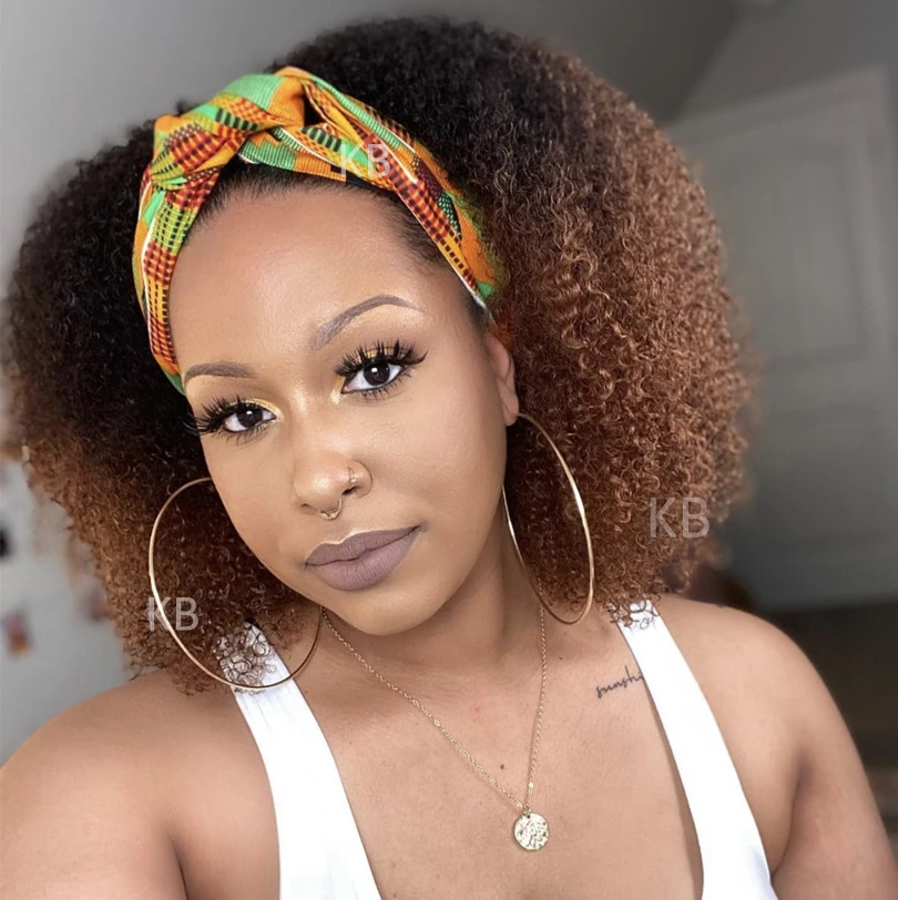 Preço Rei Cor Brilhante 4 # Brown Ombre Afro Encaracolado Perucas De Cabelo Humano Mongol Bandana Peruca De Cabelo Encaracolado Fácil De Instalar