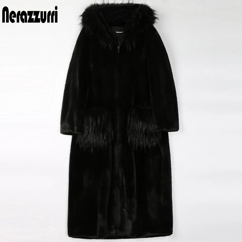 

Nerazzurri Winter Long Black Fluffy Faux Fur Coat Women with Fox Fur Trim Hood Pockets Zipper Raglan Sleeve Korean Fashion 2021