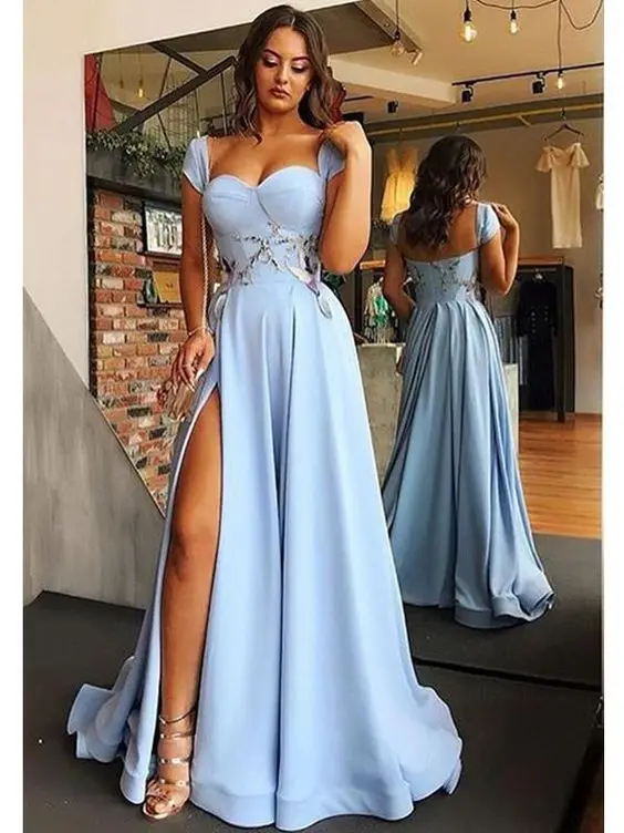 

Alexzendra Blue Prom Dress Side Slit Off the Shoulder Sweetheart Saudi Arabic Formal Prom Evening Dress Robe De Soiree