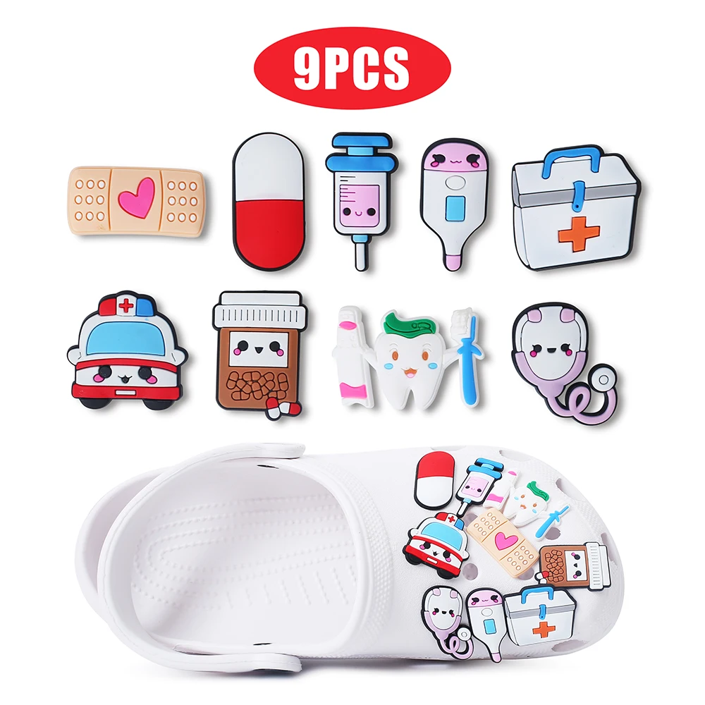 

Hot Sale Medical 9pcs/lot PVC Shoe Charms Accessories Decorations Pill Blood Bag Viscera Tooth For Shoe Charms Kids X-mas Gift