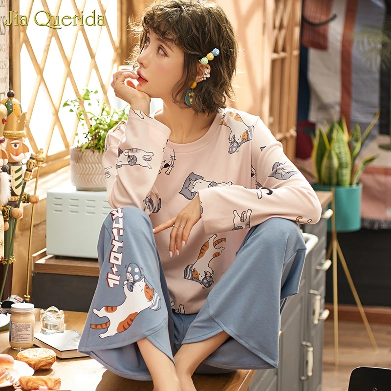 Пижамы для молодых девушек хлопковые с длинными рукавами милые кошки принтом