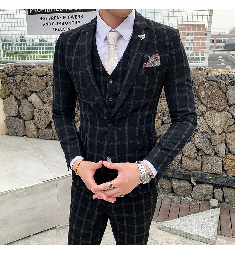 Элегантный Черный, серый цвет Клетчатый костюм «Человек Осень Slim Fit Мужские свадебные костюмы костюм 3 предмета Homme костюмы для торжественных случаев для Для мужчин Q176