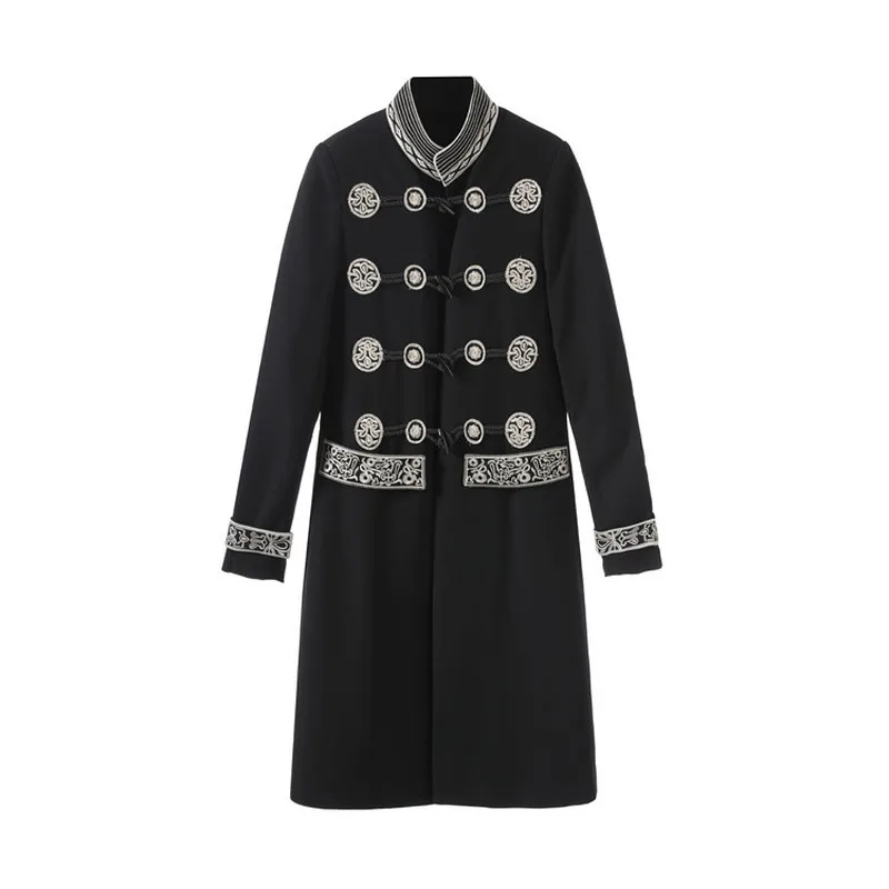 Винтажном стиле военно-морской флот Стиль пальто для женщин 2019 осень с вышивкой