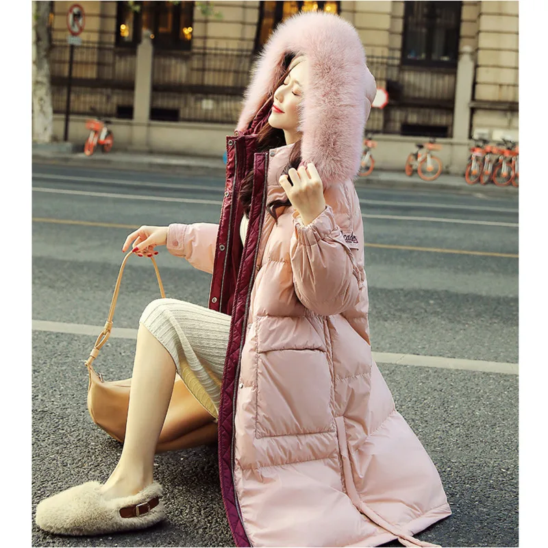

Women Winter Women Raccoon Fur Hooded White Duck Down Coat 2021 Pink Solid Thick Warm Loose Female Parkas