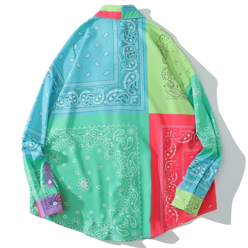 

2020 Bandana Color Block Print Long Sleeve Hawaiian Beach Tees Shirts Streetwear Harajuku Hip Hop Casual Loose Shirt Tops
