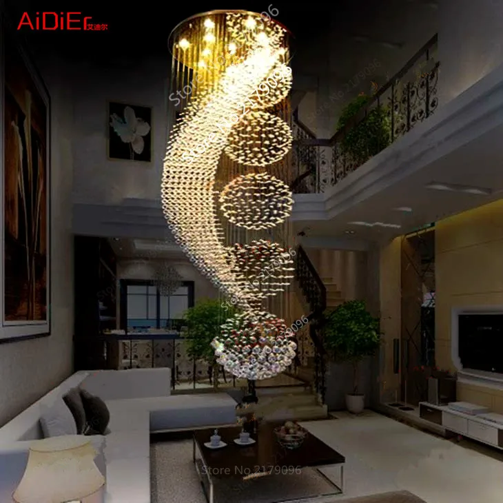 

long double staircase modern chandelier lamp LED crystal llights stylish hotel project Villa hall lighting suspension wire