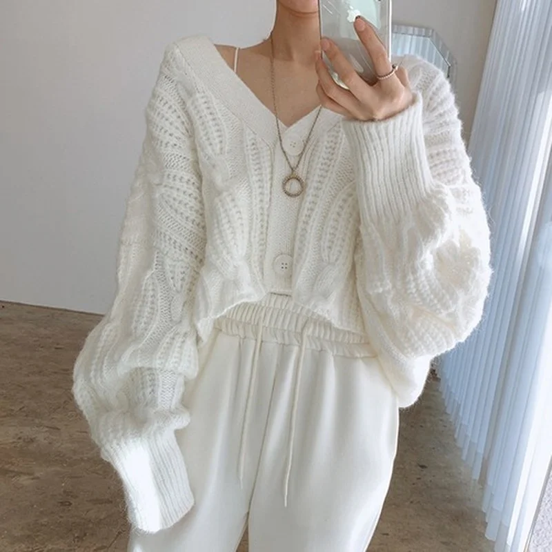 

Korean Knitted Cardigan Women Vintage Chic Loose White Sweater Coat Female Casual Jumpers Elegant Cropped Kardigany