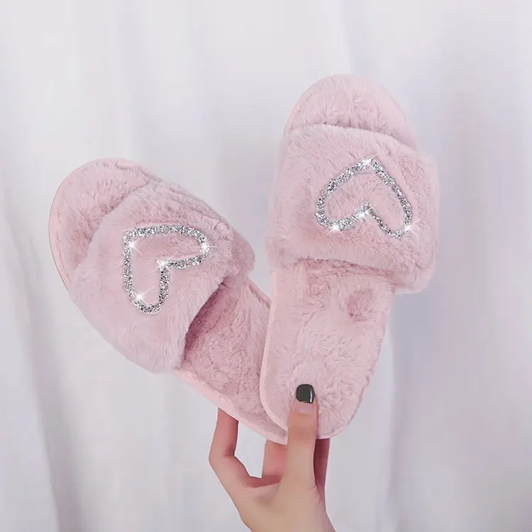 

Winter Woman Slipper Room Shoes Med Fur Flip Flops Flock Slides Massage Plush Flat Rubber Fretwork Basic with fur Short Flock Sh