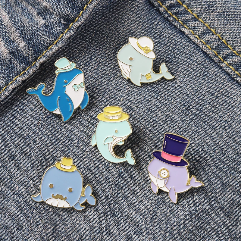 

Sea Animals Enamel Pins Shark Whale Dolphin with Hat Glasses Brooches Bag Hat Lapel Pin Badge Men Women Jewelry Gift for Child