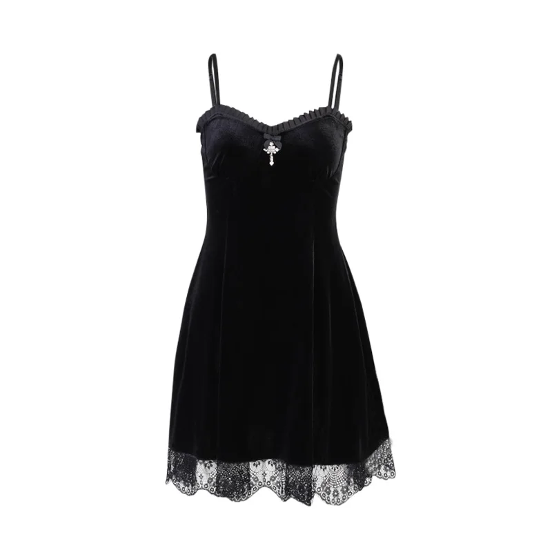 

InstaHot Velvet Lace Trim Dress Gothic Streetwear Vintage Pleated Sexy Women Casual Camis Dress 2021 Spaghetti Strap Mini Dress