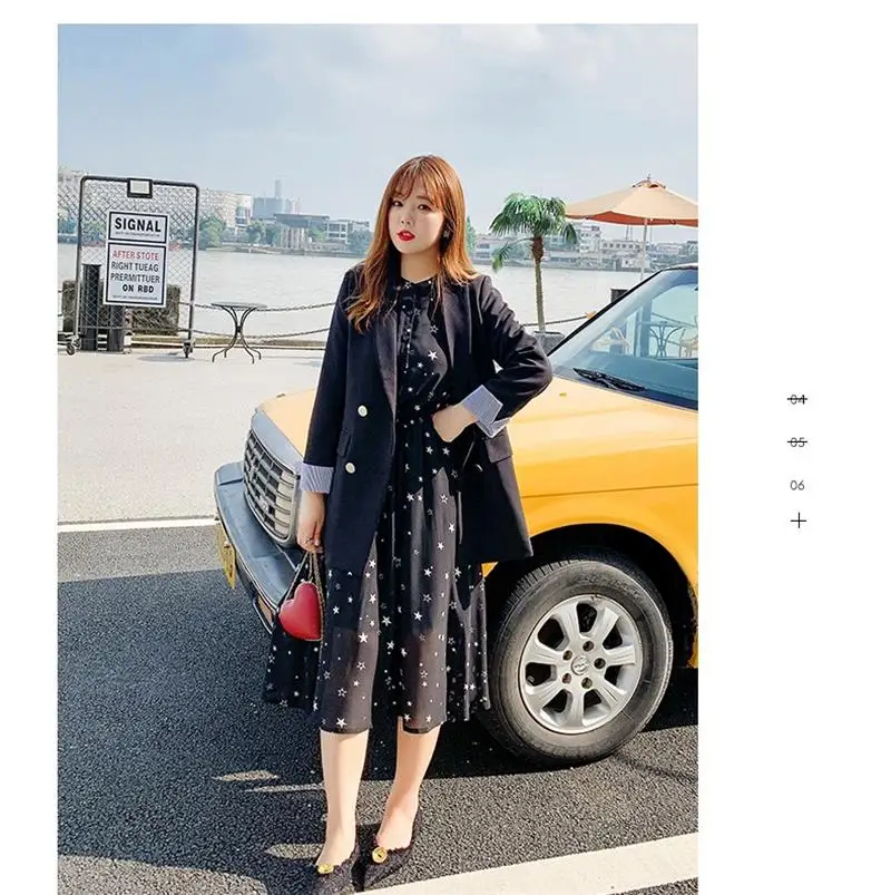 2019 Women Dress Amazon Wish Autumn And Winter Printed round Neck Long Sleeve Large black print fat sister long Chiffon dress |