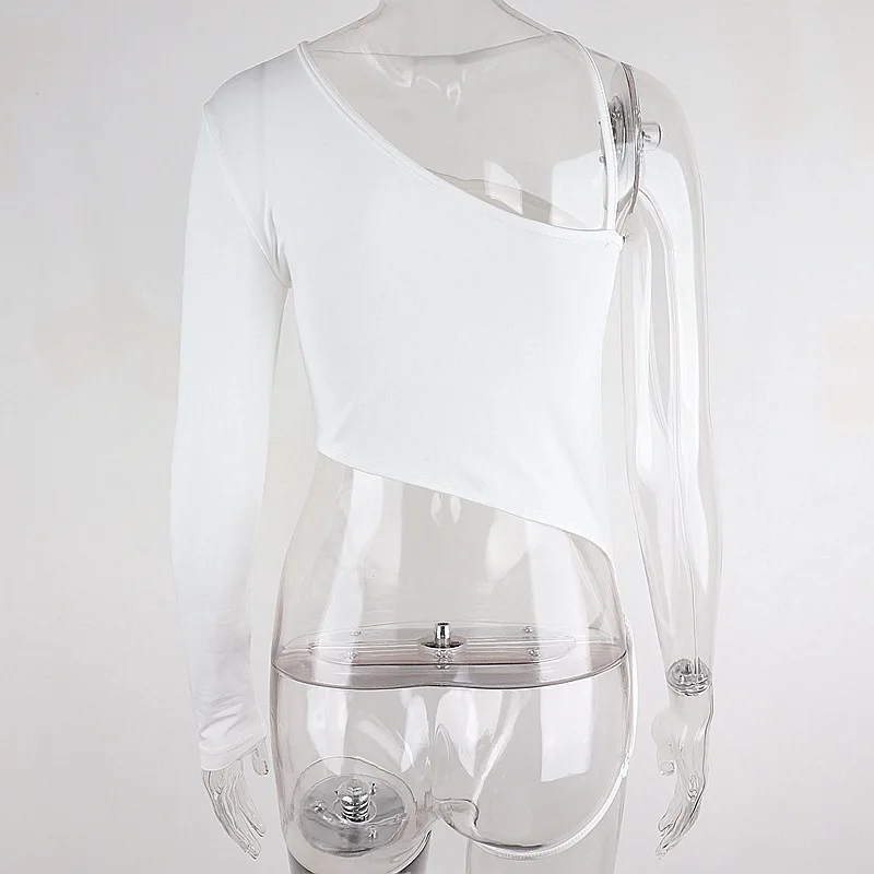 

OneLineFox One Shoulder Top Long Sleeve Blouse Lace Up Slim Fit White Hollow Out Irregular Pullover Woman Tshirts Party Wear