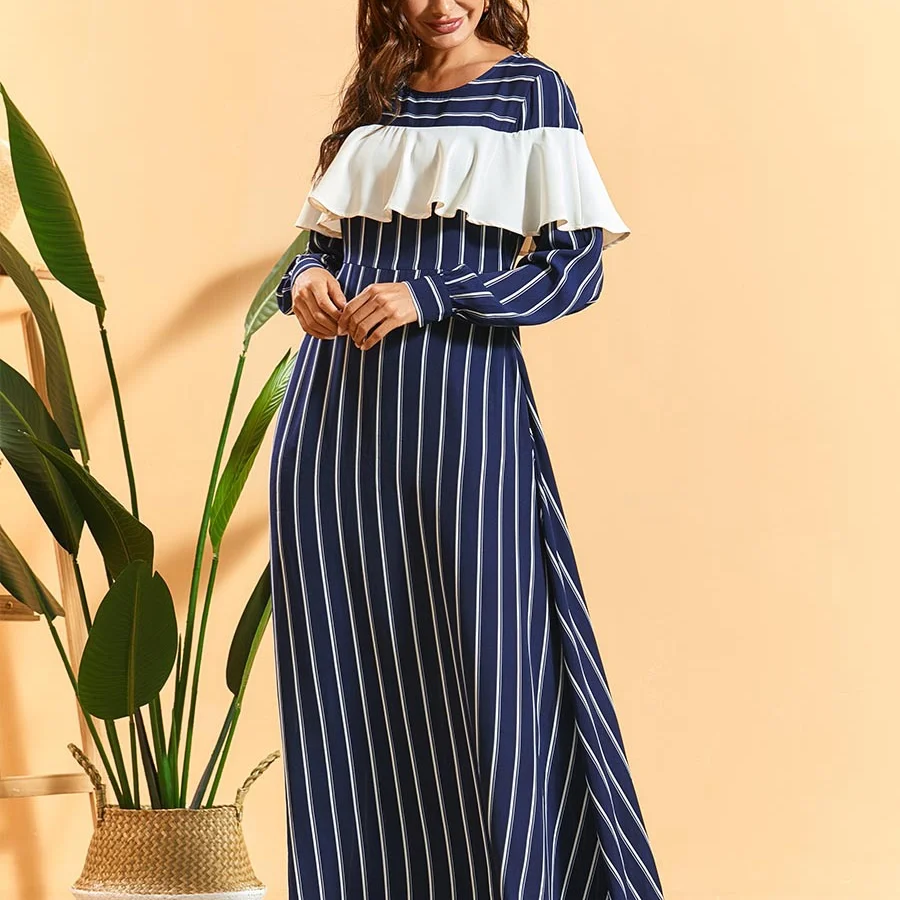

Moslem's New Blue Striped Heze Leaf Edge and Multiple Pleats Fashion Large Size Women's Bohemian Dress Abayas for Women