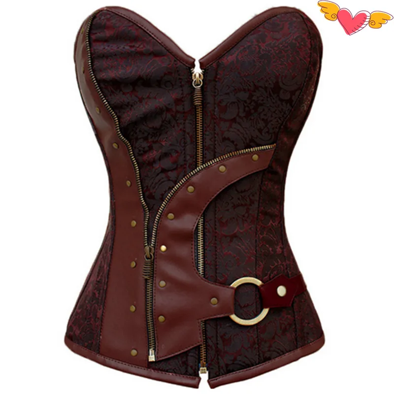 

Sexy Women Brown Brocade Steampunk Gothic Zipper Corset Drop Shipping Brocade Pvc Plus Size Corpete Corselet Bustier