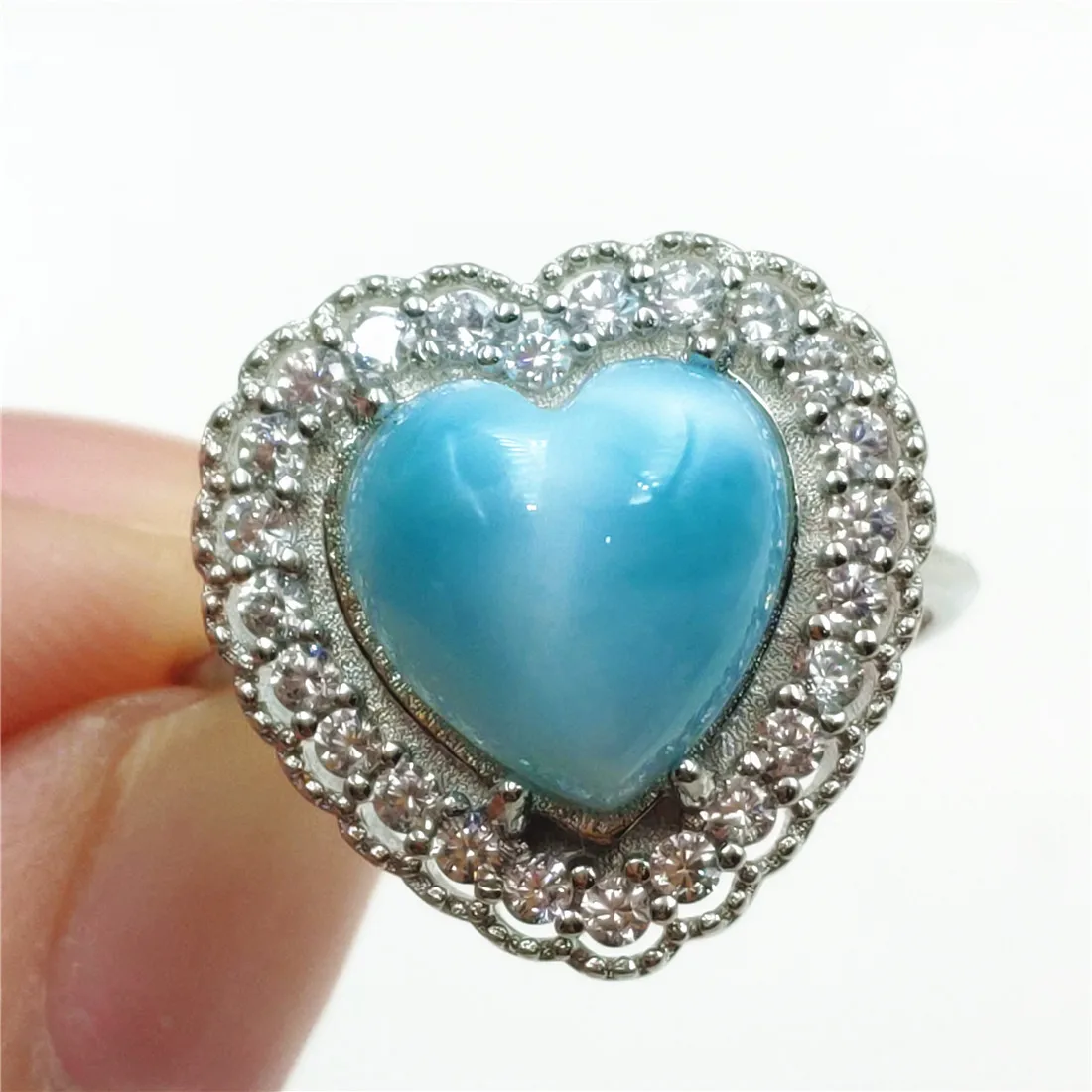 

100% Namibia Natural Larimar Blue Dominia Heart Adjustable Ring Water Pattern Love 10x10mm Larimar 925 Sterling Silver AAAAAA
