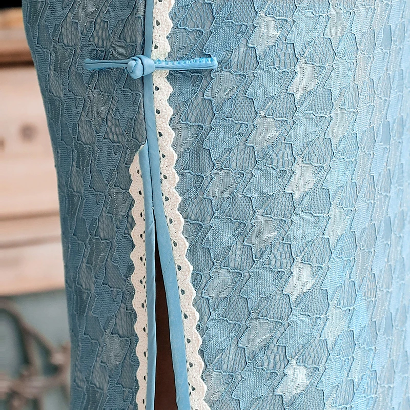 Элегантное синее кружевное платье чонсам пикантное облегающее с высоким