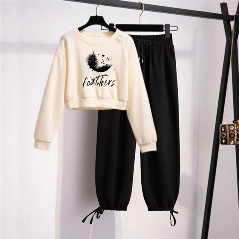 

Женский костюм для отдыха, новый свитер с круглым вырезом на осень и зиму, Модные свободные брюки в Корейском стиле для студентов, укороченн...