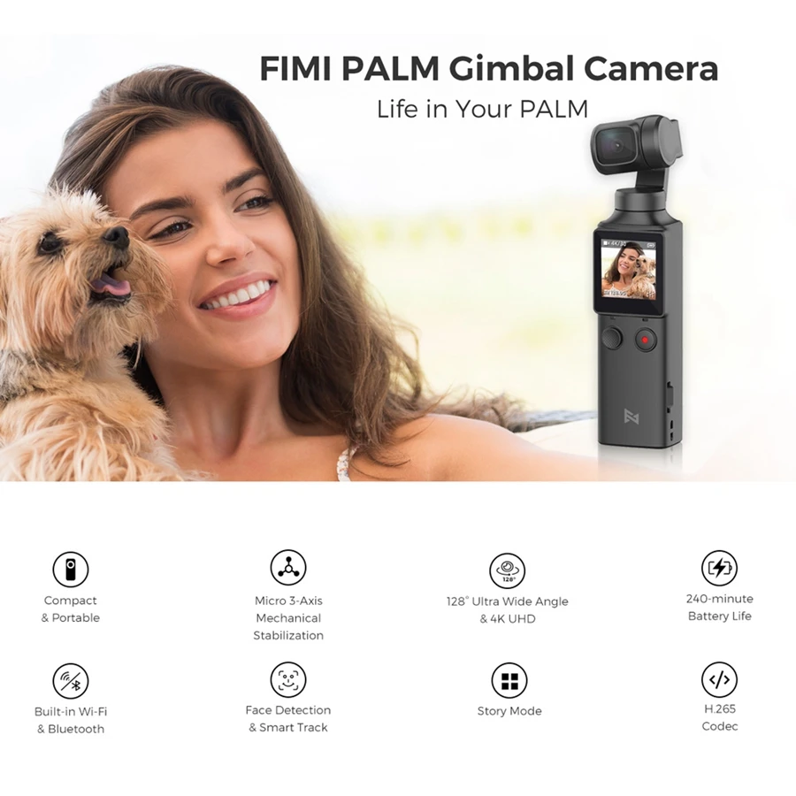 3 осевой Ручной Стабилизатор FIMI PALM с 4K смарт камерой угол обзора 128 ° 120 ГГц