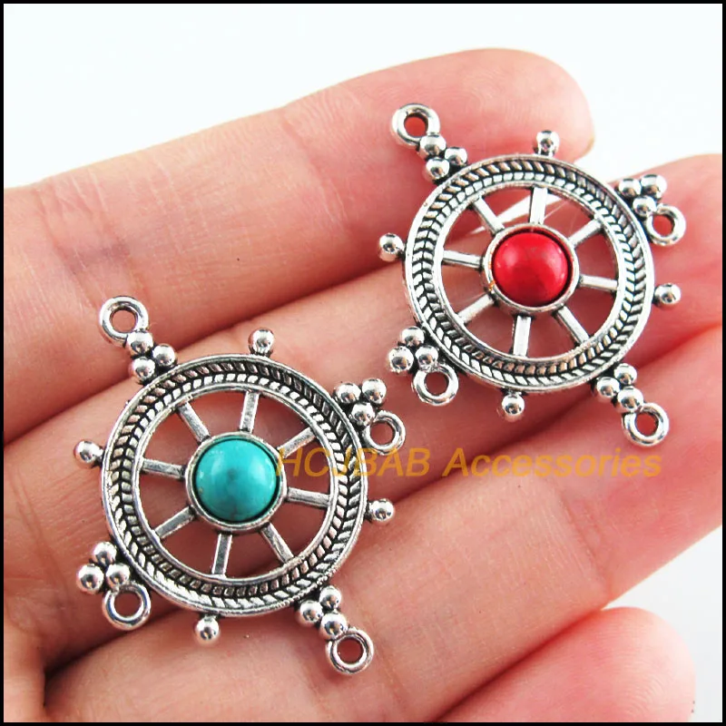 

10Pcs Retro Tibetan Silver Tone Rudder Blue&Red Stone Charms Connectors 27.5x33.5mm