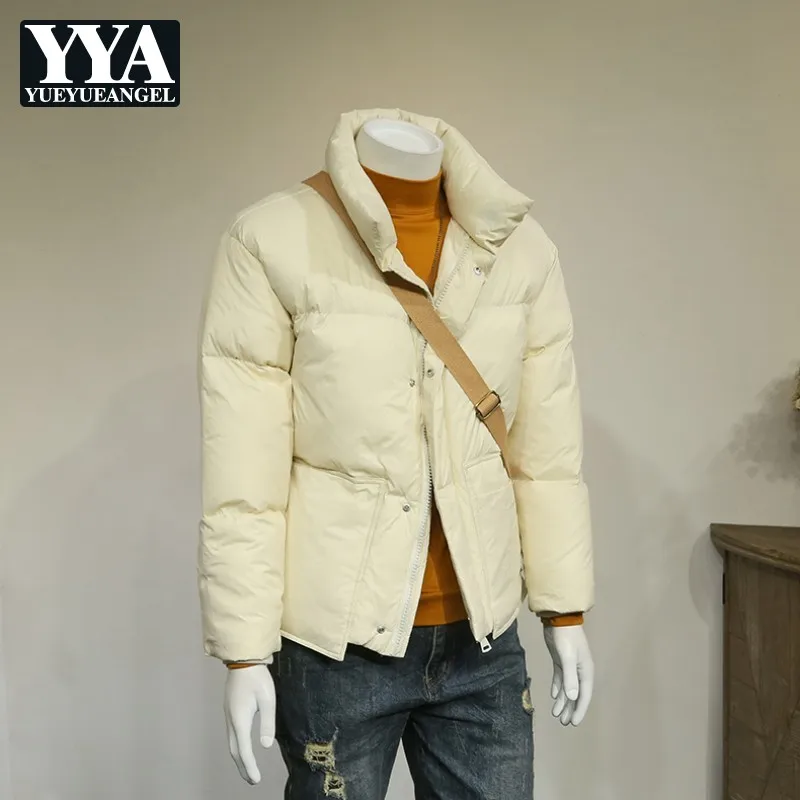 

Мужской пуховик без капюшона, с воротником-стойкой, модные повседневные короткие куртки, однотонные простые Универсальные мужские зимние к...