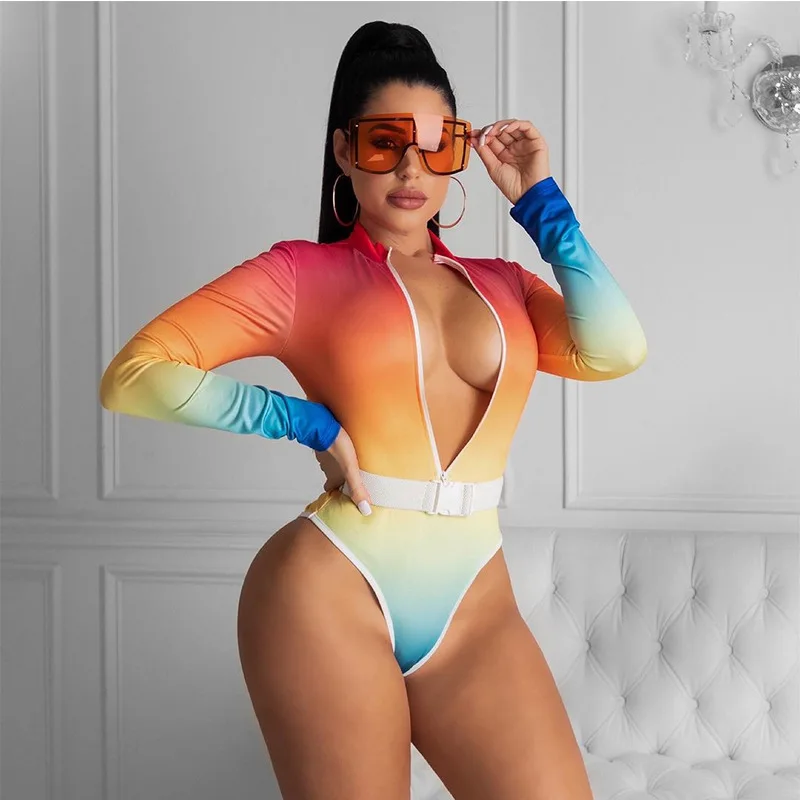 

Swimsuit Push Up 2021 New Bikini Women Swimwear Large Size One Piece Female Rainbow Slings Print Polyester Sierra Surfer With