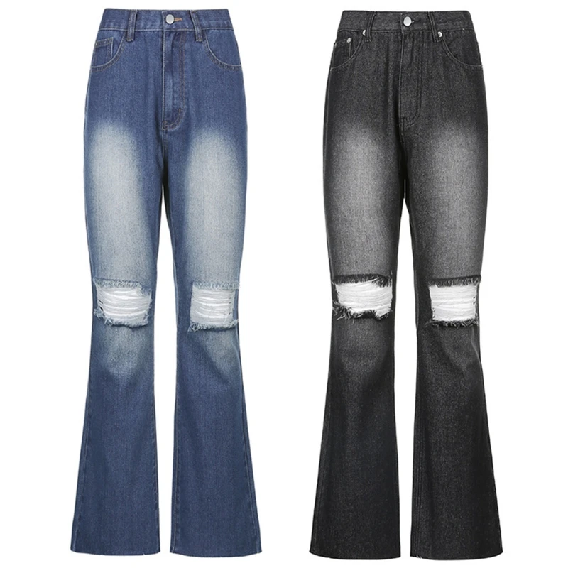 

Women Vintage Washed Ripped Hole Jeans High Waist Classic Flare Bell Bottom Wide Leg Denim Pants Casual Slim Trousers