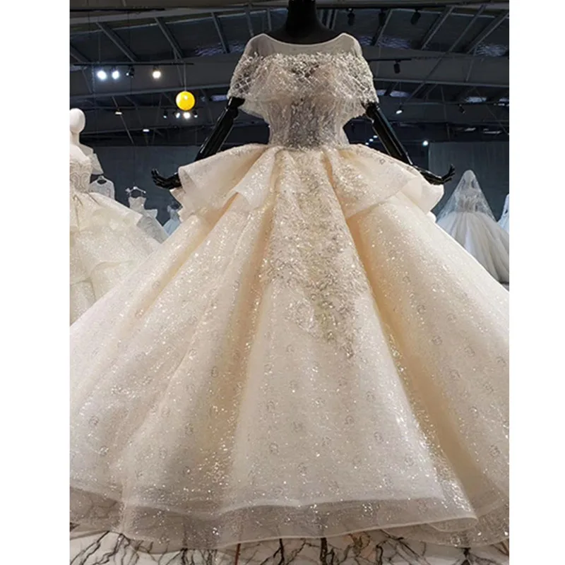

BGW HT4147 Sparkly Wedding Dress 2020 O-neck Bead Small Cape Lace Wedding Gown Plus Size Lace Up Back Vestido De Casamento