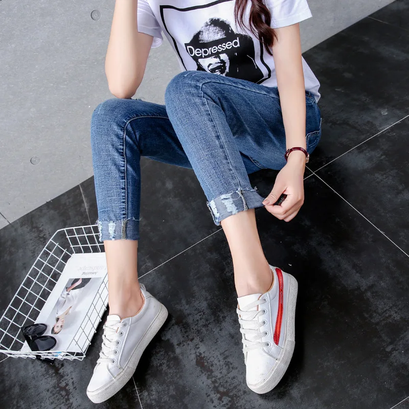 

Elastic waist jeans Harlem pants women's spring and autumn 2020 new loose nine points versatile fat mm large high belt holes