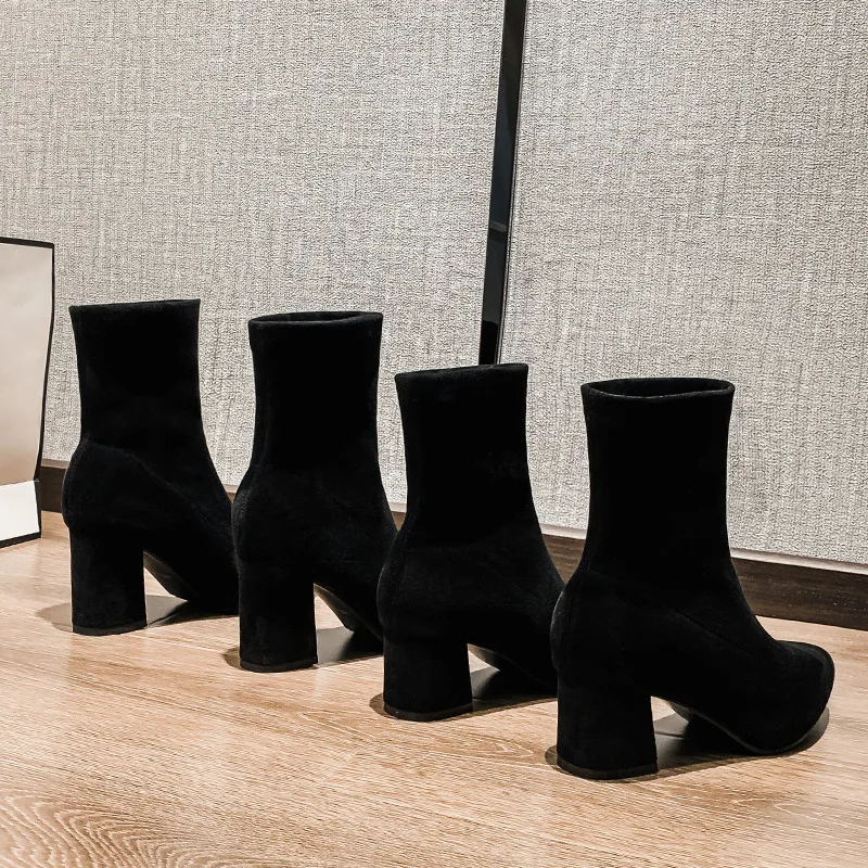 

Women Shoes Ankle Boots Flock High Heel Chunky Heel Suede Chelsea Boots Heightened Height Increasing 7cm